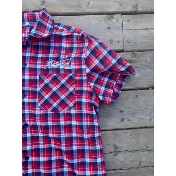 Budweiser Men's Button Down Shirt Size Medium Causal Short Sleeve Plaid Red - Picture 5 of 9